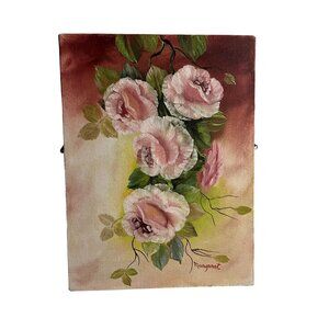 MCM Vintage Cottage Floral Pink Flowers Oil Painting Stretched Canvas 9.5" x 12"